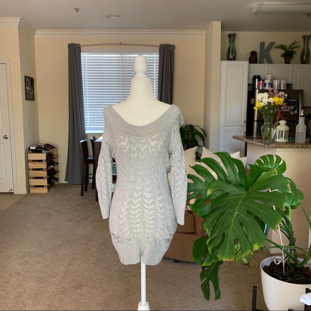 Express Long Scoop Neck Crocheted Sweater